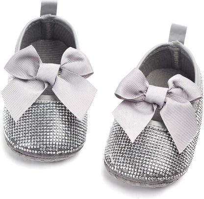 Baby Girls Mary Jane Flats Sparkly Bow Diamonds Princess Dress Shoes Anti-Slip Infant Crib Shoes