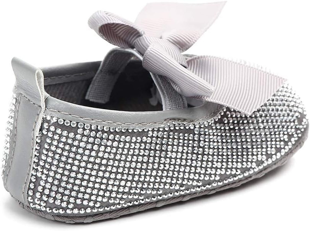 Baby Girls Mary Jane Flats Sparkly Bow Diamonds Princess Dress Shoes Anti-Slip Infant Crib Shoes