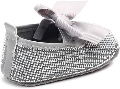 Baby Girls Mary Jane Flats Sparkly Bow Diamonds Princess Dress Shoes Anti-Slip Infant Crib Shoes