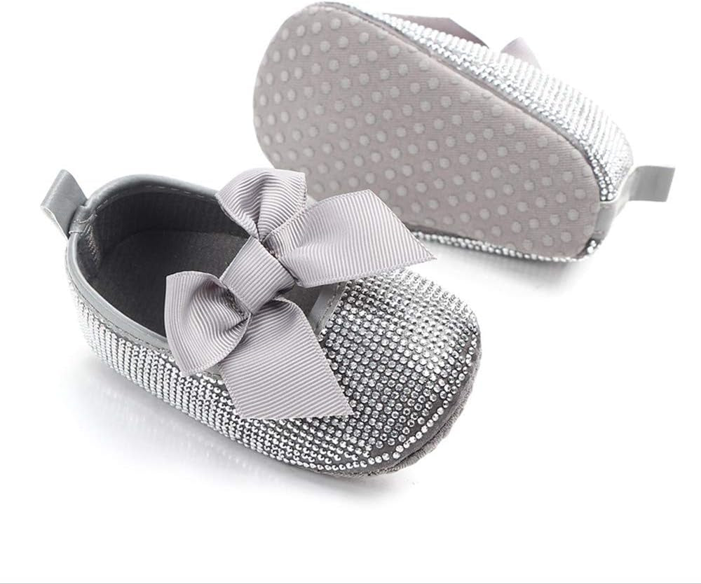 Baby Girls Mary Jane Flats Sparkly Bow Diamonds Princess Dress Shoes Anti-Slip Infant Crib Shoes