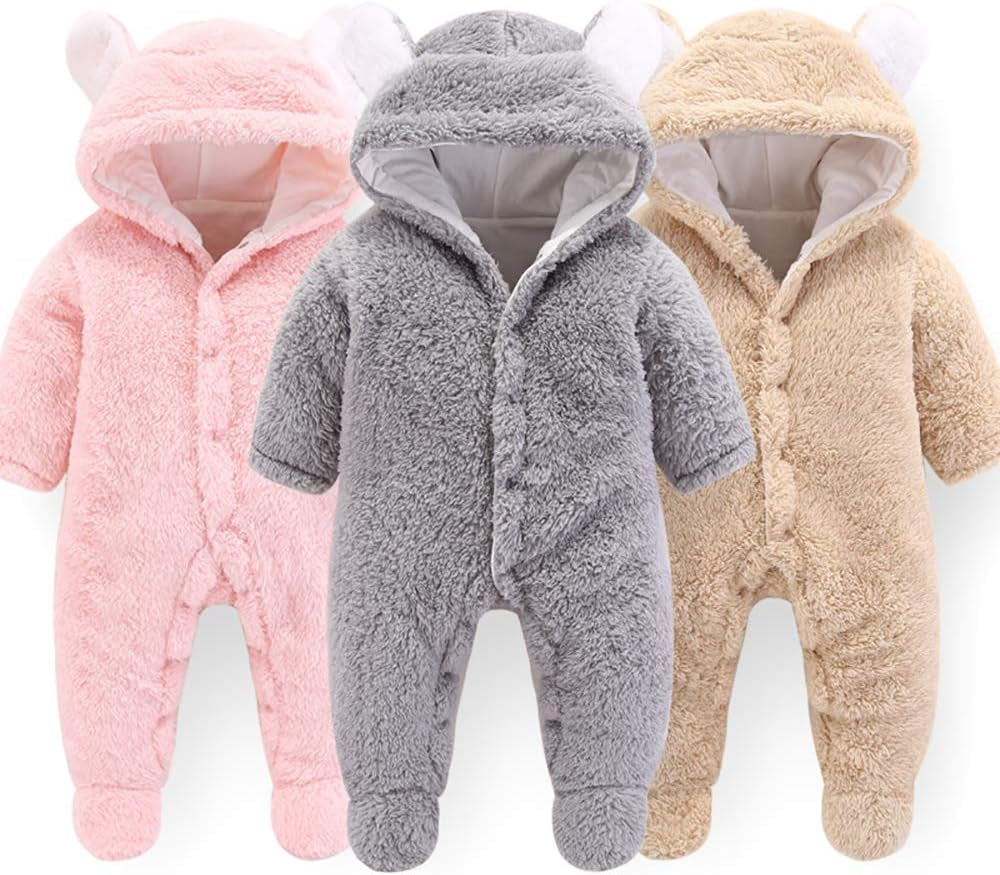 Newborn Baby Cartoon Bear Snowsuit Winter Coat Fleece Hooded Romper Jumpsuit