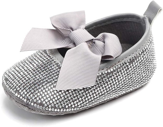 Baby Girls Mary Jane Flats Sparkly Bow Diamonds Princess Dress Shoes Anti-Slip Infant Crib Shoes