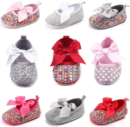 Baby Girls Mary Jane Flats Sparkly Bow Diamonds Princess Dress Shoes Anti-Slip Infant Crib Shoes