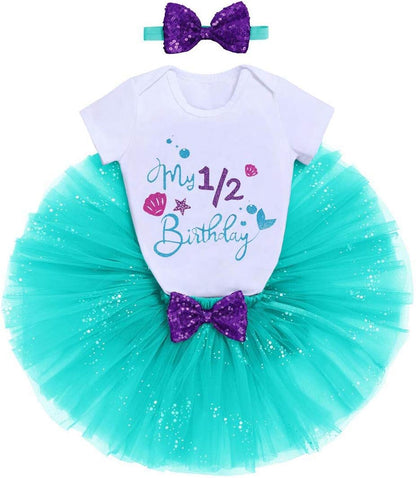 Baby Girls Mermaid 1St Birthday Outfit Romper Tutu Skirt Shiny Bowknot Headband Cake Smash Clothes Set for Photo Shoot