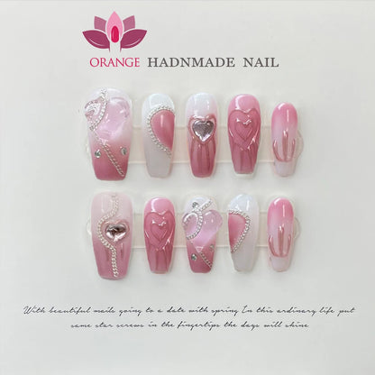 Pink Handmade Nails Press on Full Cover Manicuree Heart False Nails Japanese Wearable Artificial with Designs Orange Nails Store