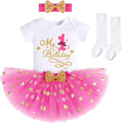 It'S My 1/2 /1St /2Nd/3Rd Birthday 4Pcs Outfits for Baby Girl Cake Smash Bodysuit Tutu Skirt Headband&Socks Princess Gown