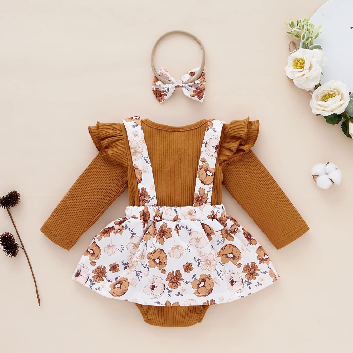 Newborn Infant Baby Girl Ruffle Long Sleeve Ribbed T-Shirt Top Floral Suspender Shorts Headband Winter Clothes