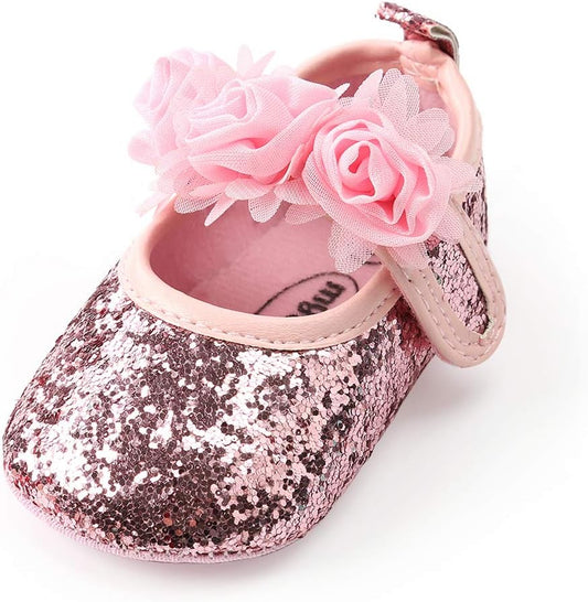 Antheron Baby Girls Mary Jane Flats Soft Sole Infant Moccasins Floral Sparkly Toddler Princess Dress Shoes