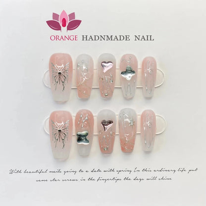 Pink Handmade Nails Press on Full Cover Manicuree Heart False Nails Japanese Wearable Artificial with Designs Orange Nails Store