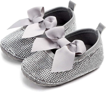 Baby Girls Mary Jane Flats Sparkly Bow Diamonds Princess Dress Shoes Anti-Slip Infant Crib Shoes