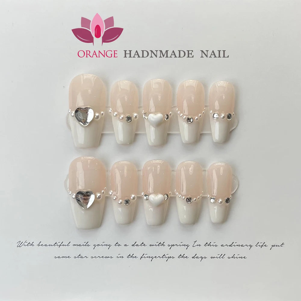 Pink Handmade Nails Press on Full Cover Manicuree Heart False Nails Japanese Wearable Artificial with Designs Orange Nails Store