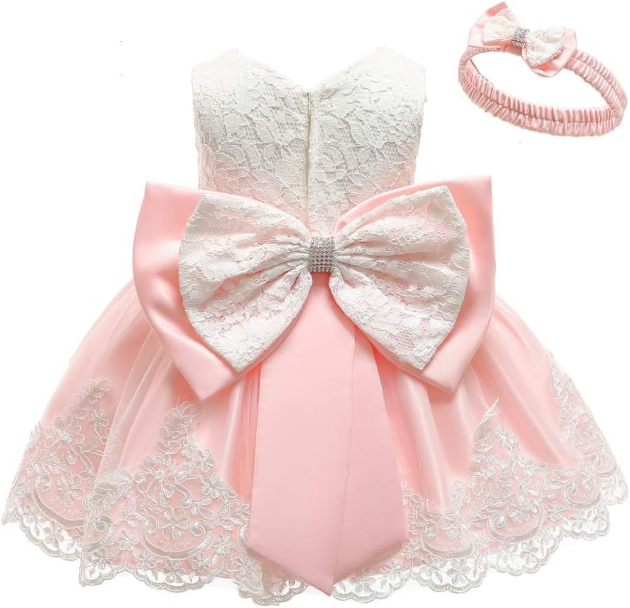 0-6T Baby Girls Big Bowknot Dresses Toddler Formal Prom Tutu Lace Gown Dress with Headwear