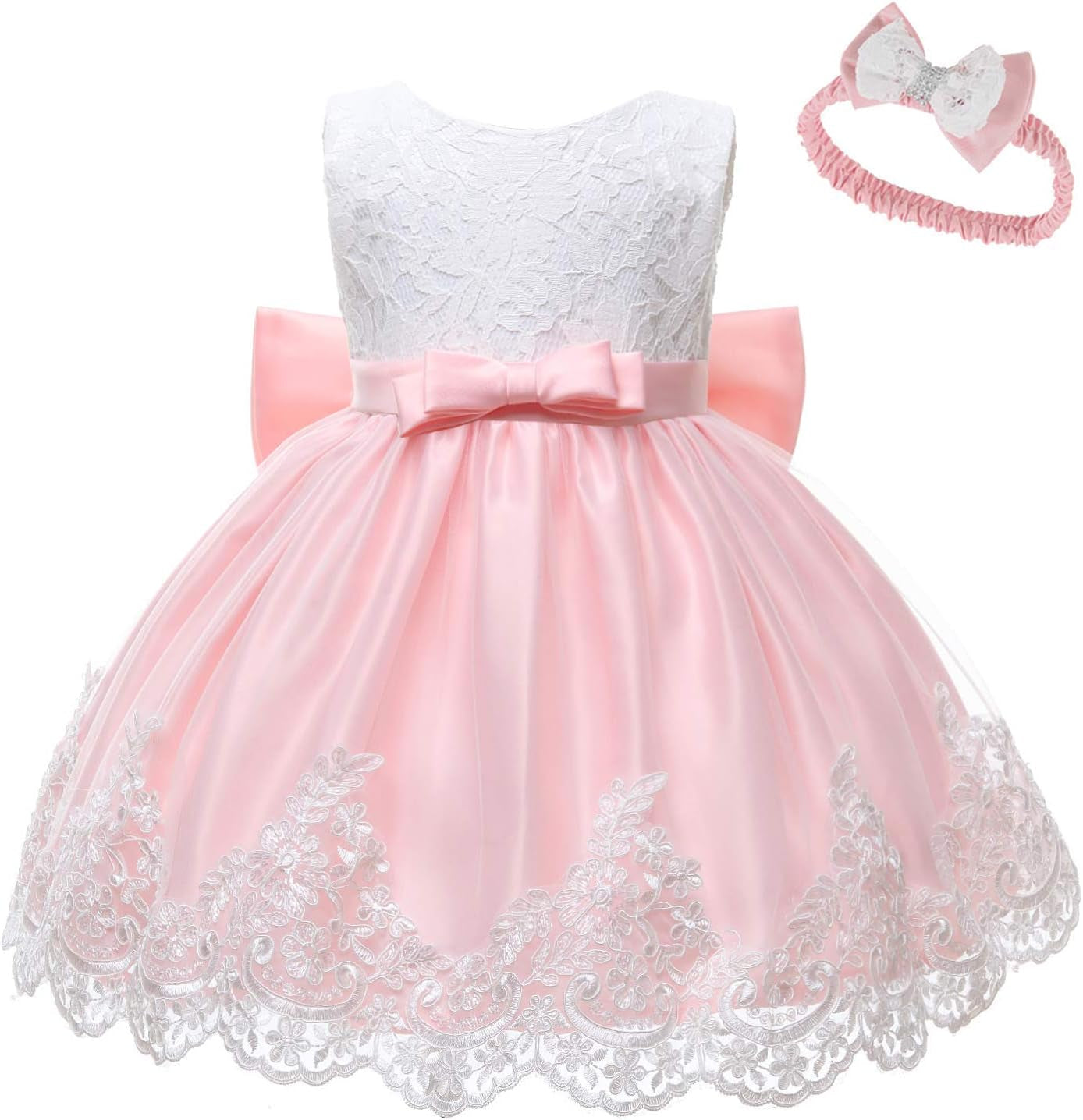 0-6T Baby Girls Big Bowknot Dresses Toddler Formal Prom Tutu Lace Gown Dress with Headwear