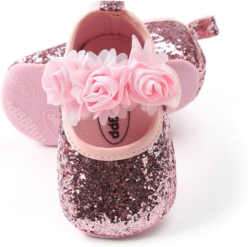 Antheron Baby Girls Mary Jane Flats Soft Sole Infant Moccasins Floral Sparkly Toddler Princess Dress Shoes