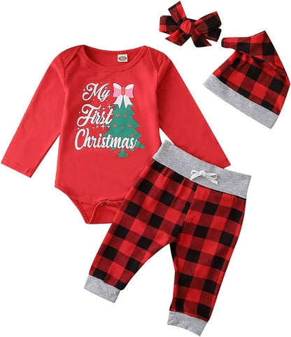 My First Christmas Outfit Baby Girl Boy Christmas Tree Romper Bodysuit Tops Buffalo Plaid Pants and Hat Headband 4 Pcs Set